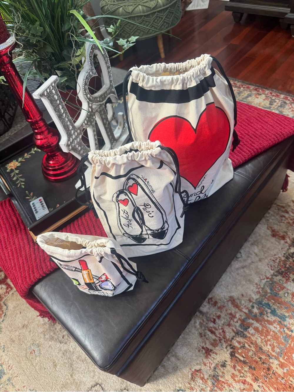 Brighton Cream Drawstring Cosmetic Bag Trio with Red Heart and Black Trim - Picture 2 of 9